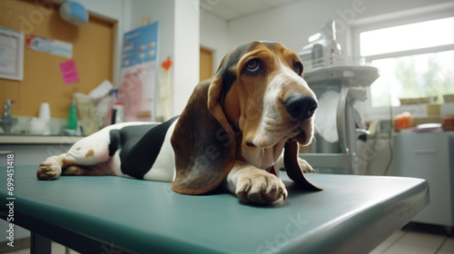 A sad-looking Basset Hound dog lying down on a veterinarian examination table, with medical equipment in the background. photo