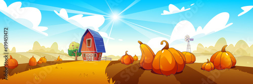 Cartoon farm landscape with red wooden barn and pumpkin harvest on field with orange grass and soil under blue sky with bright sun and cloud. Vector rural agriculture scenery with house and vegetables