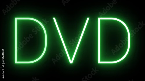 Flickering neon green glowing dvd text animated on black background photo