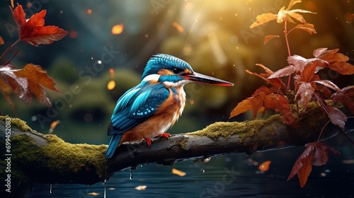 A detailed illustration of a kingfisher perched on a branch overhanging a crystal-clear stream, capturing the beauty of nature photo
