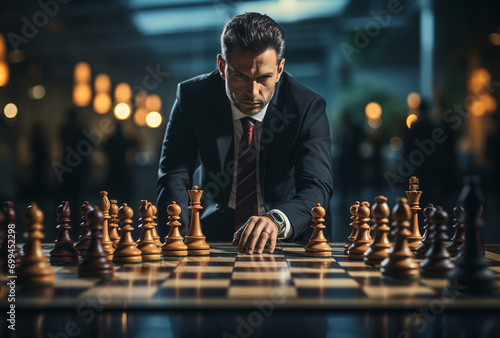 Businessman moving chess piece on chess board game. Business strategy and business leader concept. 