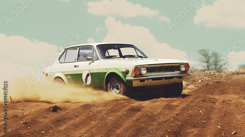 Vintage rally car splashing the dirt in retro 70s styled scene
