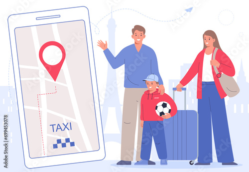 Family with luggage, traveling in France. Large smartphone with mobile navigation app. People using the app to order car. Smartphone screen with gps map.