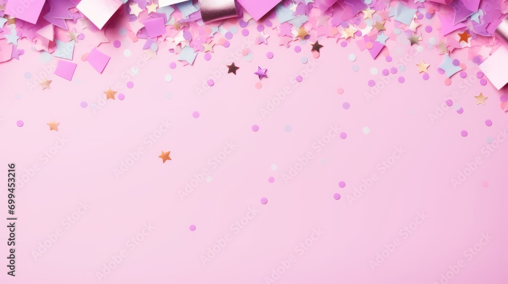 Festive celebration: colorful confetti and sparkles on pink pastel background. Vibrant holiday frame, joyful atmosphere. Flat lay with copy space for your design