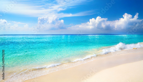 tropical beach scene  azure ocean  sunny sky  and sandy shore  evoking relaxation and serenity
