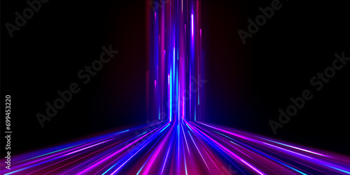 Neon glowing fiber with high speed motion effect. Blue and purple line streaks of data network or energy flow. Realistic vector illustration of modern technology particle with fast luminous movement.