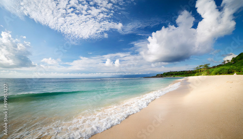 tropical beach scene: azure ocean, sunny sky, and sandy shore, evoking relaxation and serenity © Your Hand Please