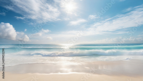 tropical beach scene: azure ocean, sunny sky, and sandy shore, evoking relaxation and serenity