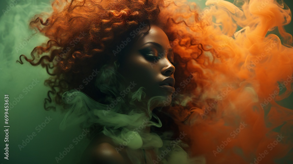 A portrait of a woman with ethereal smoke tendrils encircling her face, capturing the elusive nature of mental health challenges