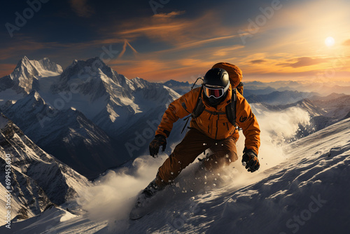 snowboarder jumping in the mountains. 