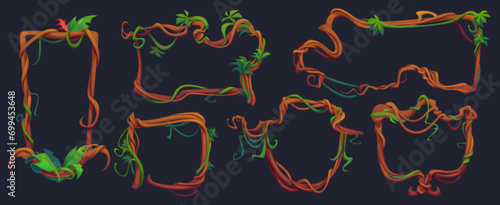 Frames and borders made of liana twisted and tangled branch with green leaves. Cartoon vector rain forest tree stem in rectangular and circular shape. Jungle climbing plant vine for game ui design.