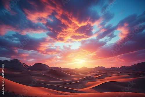 Sunset over the sand dunes landscape with cloud sky background. 