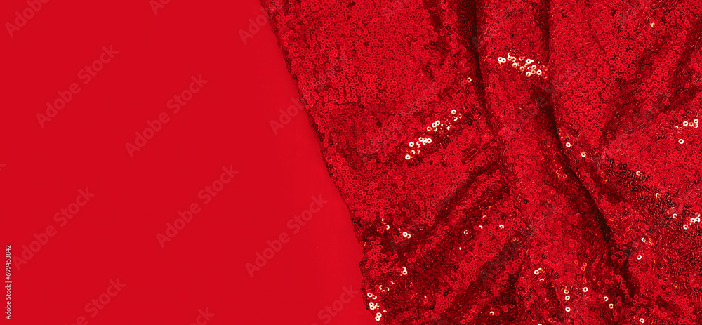 Fabric texture with spangles. Background sequin. Glitter texture. Fabric sequins. Red sequins pattern. Abstract background. - obrazy, fototapety, plakaty 