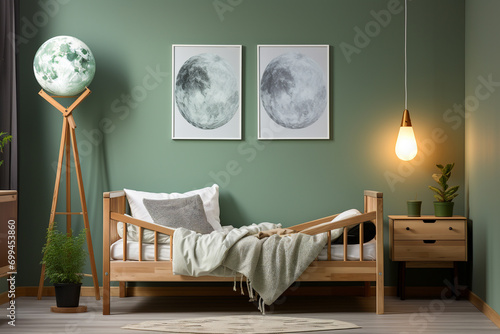 Wooden baby bed in children bedroom. 