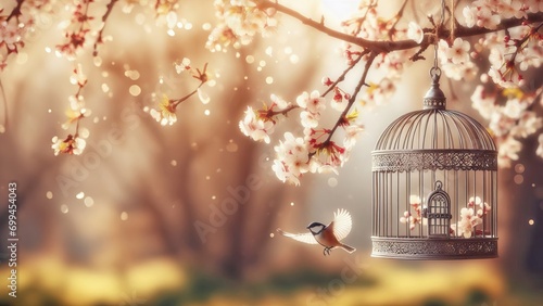 A birdhouse hangs on a flowering branch. A bird near a birdhouse. photo