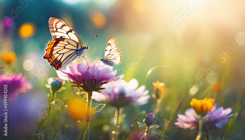 Vivid summer scene: Colorful flowers and butterflies bask in sun rays amidst stunning natural beauty