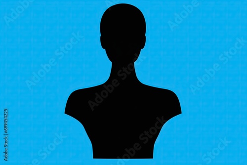 A genderless silhouette of a person on a blue background, azure gradient. Symmetrical shadow figure. A mannequin icon. Simple black symbol, icon. Shadow-figure. Shadow.  photo