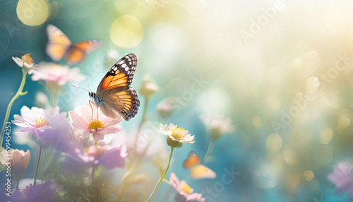Vivid summer scene: Colorful flowers and butterflies bask in sun rays amidst stunning natural beauty © Your Hand Please