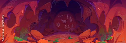 Prehistoric cave with caveman painting on stone walls. Cartoon vector illustration of neanderthal tribe dwelling inside. Dark underground rock cavern with ancient primitive drawings of life scenes.