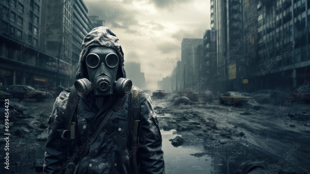 Apocalypse survivor in gas mask and protective suit against a city in ruins, a haunting scene of post-catastrophe desolation. - obrazy, fototapety, plakaty 
