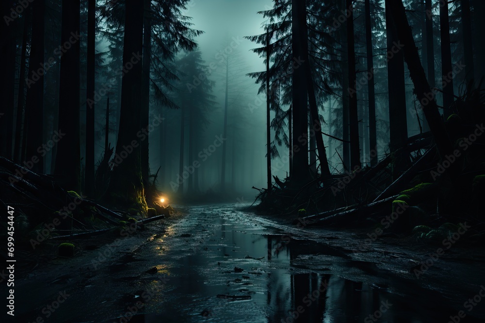Obraz premium A mysterious, foggy forest road lit by a single lamp