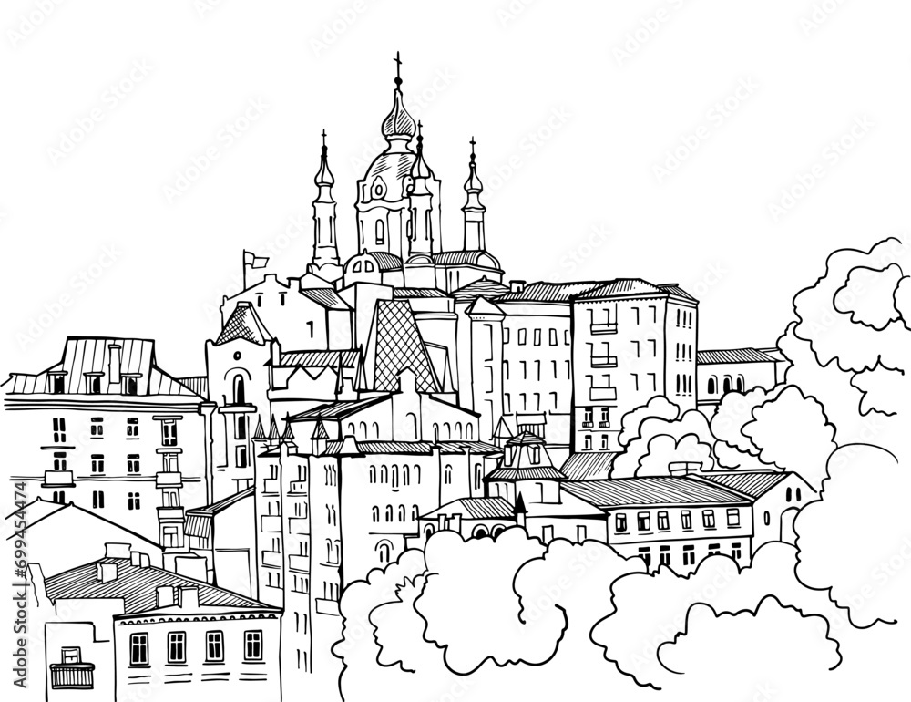 Nice view of the old Kiev. Ukraine. Trendy urban landscape. Cityscape. Hand drawn sketch. Line art. Postcards. 