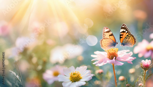 Vivid summer scene: Colorful flowers and butterflies bask in sun rays amidst stunning natural beauty photo