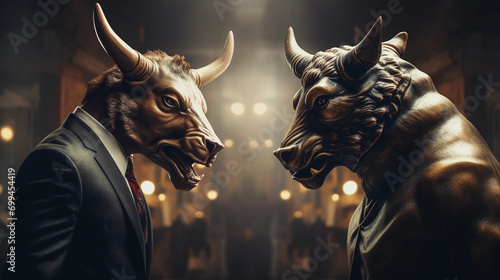 Bull versus bear in suits facing each other, trading on stock market. Bullish vs bearish trend 