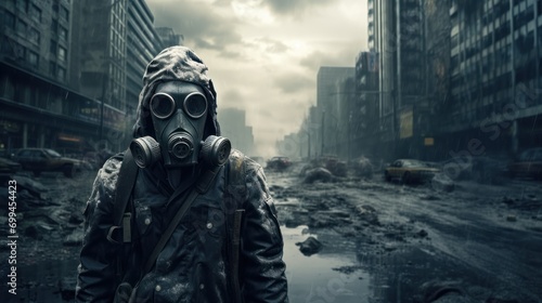 Apocalypse survivor in gas mask and protective suit against a city in ruins, a haunting scene of post-catastrophe desolation. photo