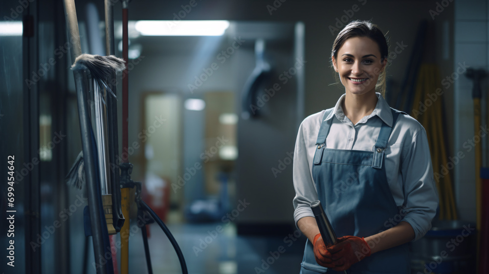 Professional female janitor with her cleaning equipments on the side standing in a lobby Professional female janitor with her cleaning equipments on the side standing in a lobby