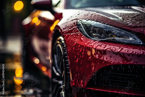 Close-up of a red sports car detailed to perfection, glistening with raindrops photo
