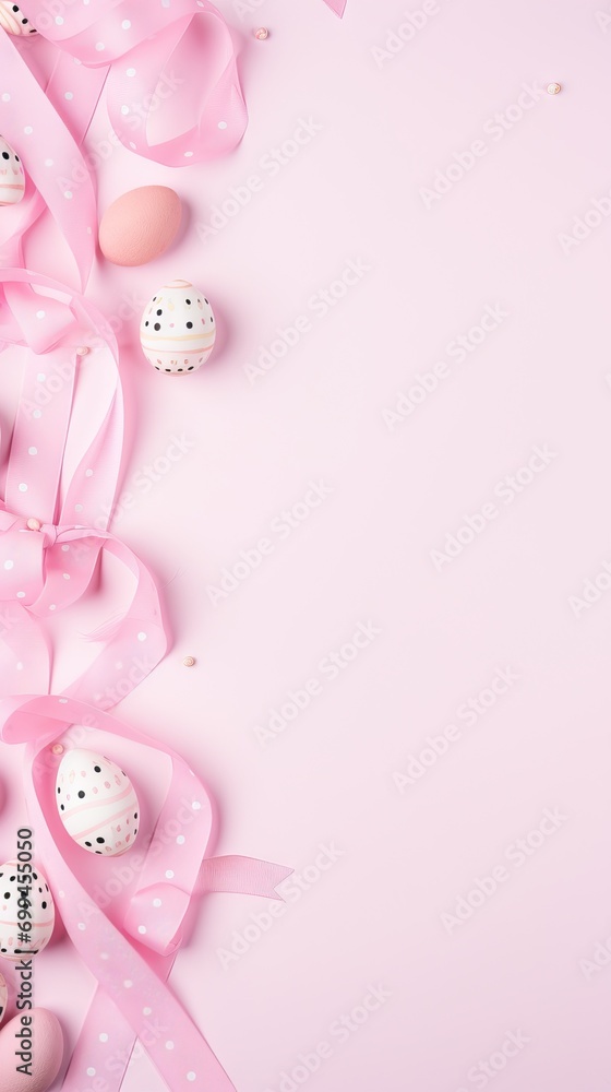 Pink Easter eggs with polka dots and ribbons on a pink background Pink Easter eggs with polka dots and ribbons on a pink background