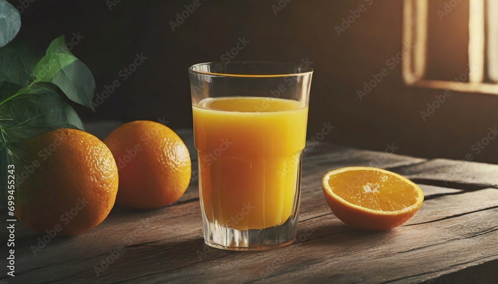 Glass of orange juice on wooden table, kitchen backgound - isolated on white background Glass of orange juice on wooden table, kitchen backgound - isolated on white background