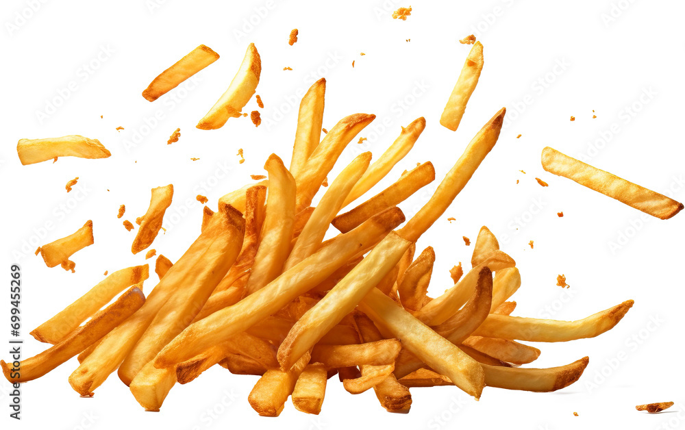 Splashing french fries isolated on transparent background. PNG - obrazy, fototapety, plakaty 