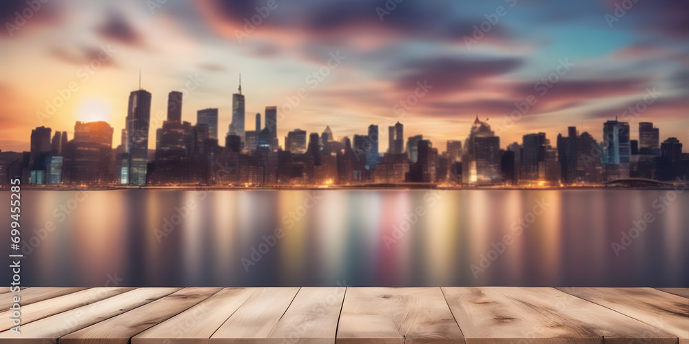 Empty wooden table blur city skyline. Panoramic view.