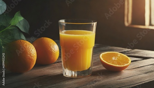  Glass of orange juice on wooden table, kitchen backgound - isolated on white background