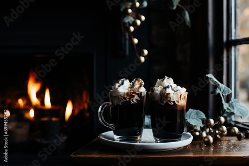 Two glasses of Irish coffee garnished with cream and a cozy fireplace backdrop
