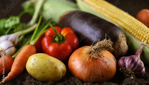 farm-fresh vegetables on rich soil backdrop, evoking organic, natural bounty