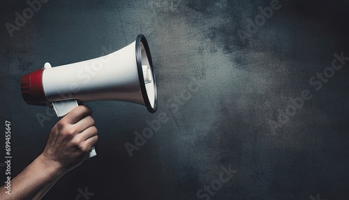 Hand holding white megaphone, dark background photo