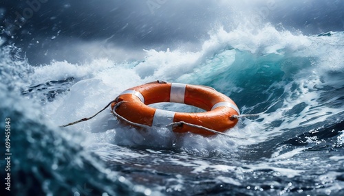  Lifebuoy floating in a stormy sea photo
