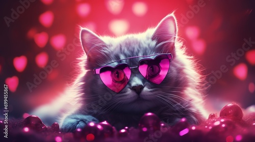 Funky feline: adorable cat in pink neon heart-shaped glasses resting on hearts and bokeh romantic background. Perfect for valentine's day, anniversary, or wedding concepts