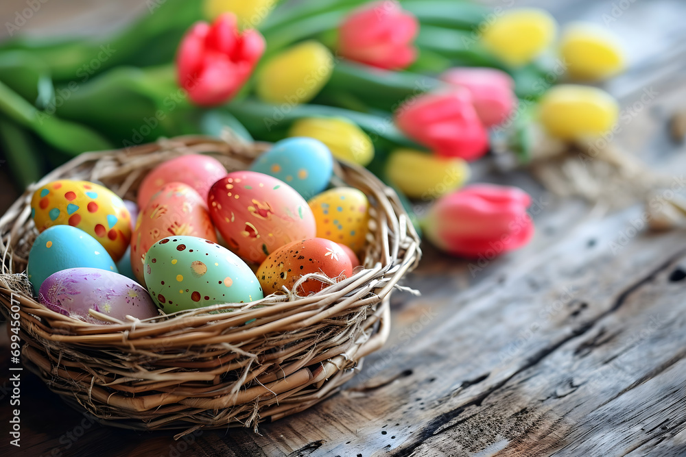 Fototapeta premium easter card, easter bunny with eggs, easter eggs and flowers, easter eggs in a basket, easter eggs and flowers on a white background, easter wall paper and background for social media