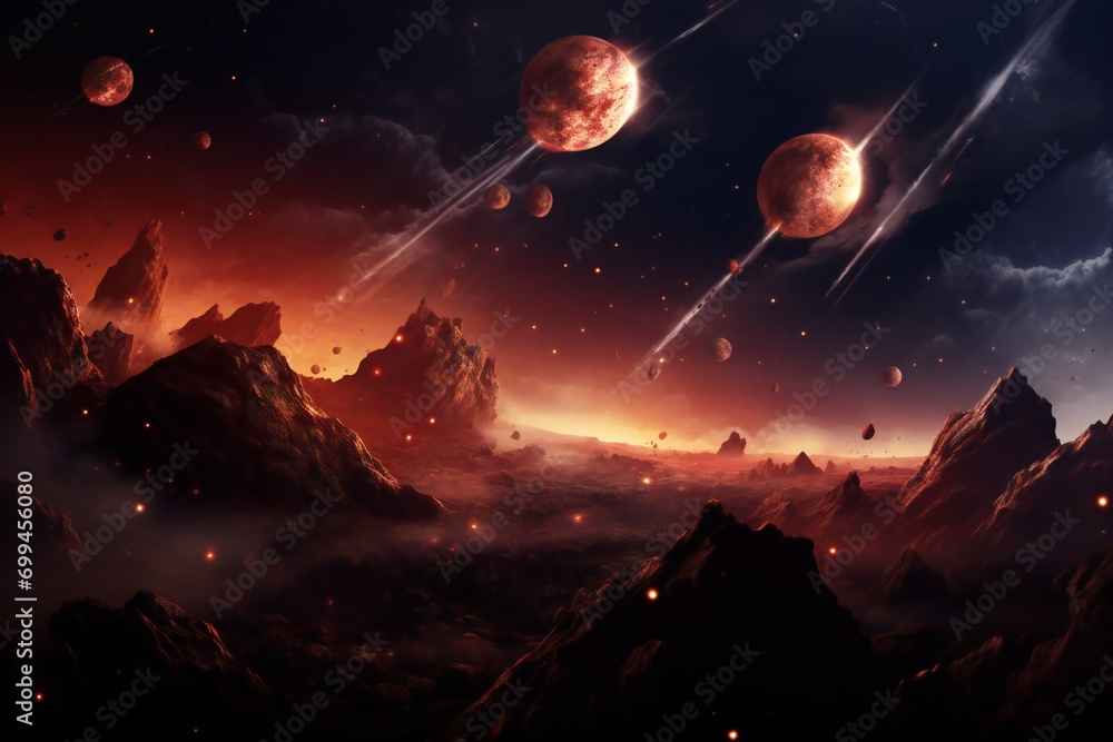 Fototapeta premium Constellations and galaxies, a nebula in outer space. Futuristic landscape. Cloudy sky.Digital designer art.Abstract surreal psychedelic illustration.3D render