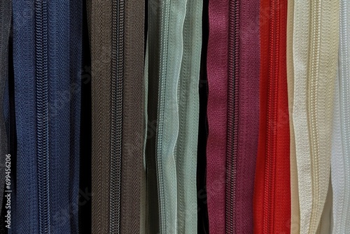 Plastic zippers of different colors. Assorted YKK nylon zippers. The hottest colors of the season. photo