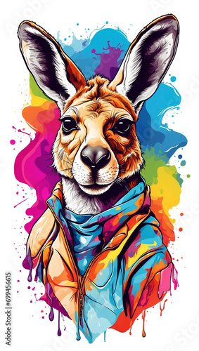 kangaroo on the background of colored spots of paint. White background. Print for T-shirts