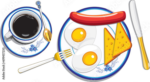 Breakfast delicious, fried eggs sausage, cheese and coffee