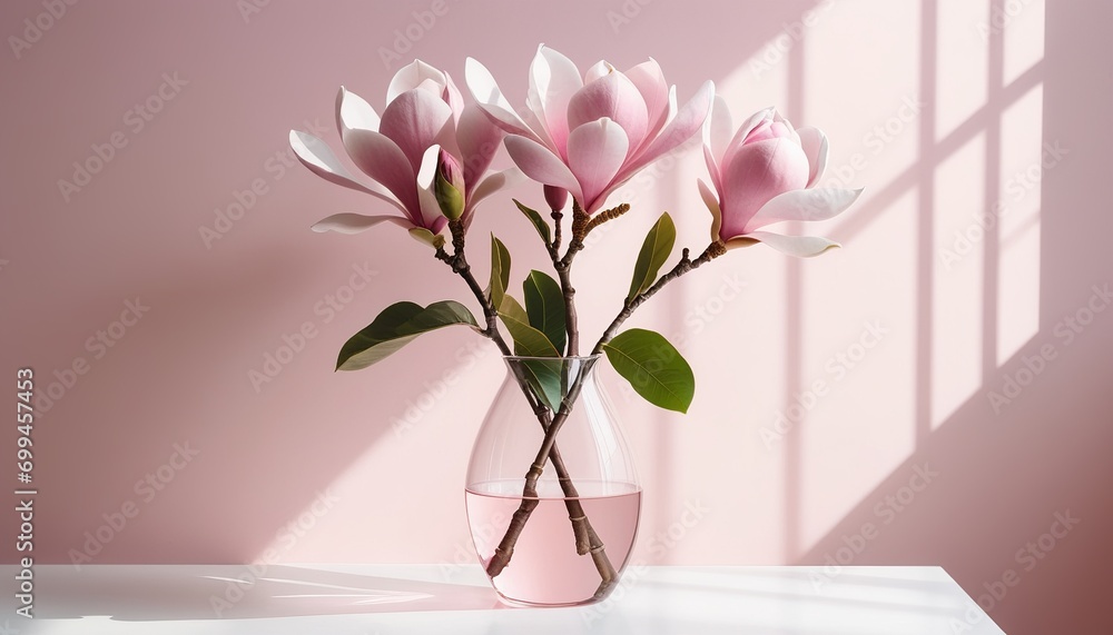 Elegant Pink Magnolia in Vase on White Table