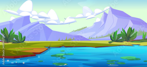Summer landscape with lake near foot of mountains on sunny day. Cartoon vector scenery with blue pond with green grass and bushes on shore, water lily, high peaks of hills and sky with clouds.