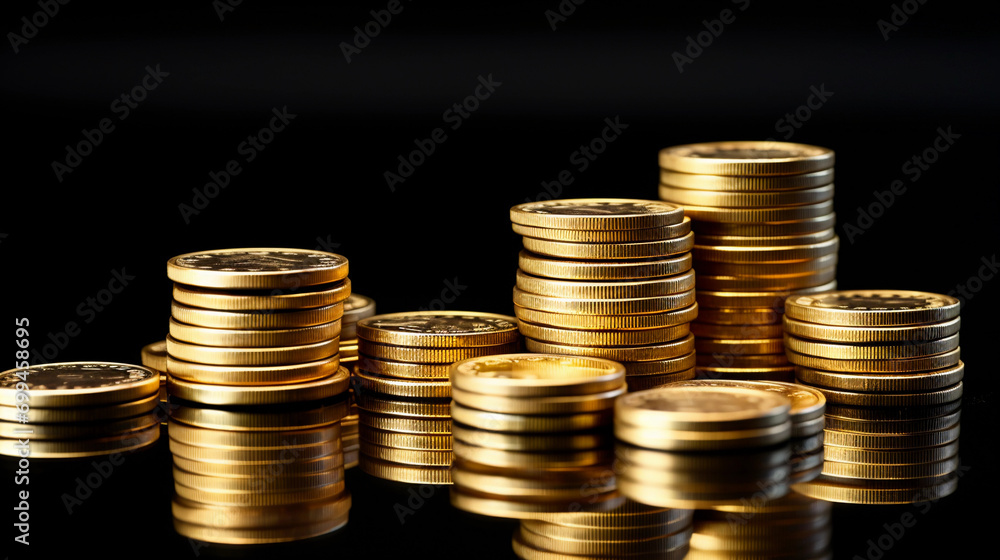 stacks of golden coins isolated on black background banner with copy space stacks of golden coins isolated on black background banner with copy space