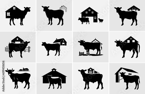 Farm Animals in Silhouette, Farmland silhouette landscape vector illustration.